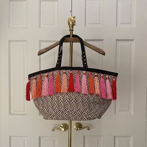 Vintage 00s Shiraleah Pink Tassel Beige Woven Tote Bag